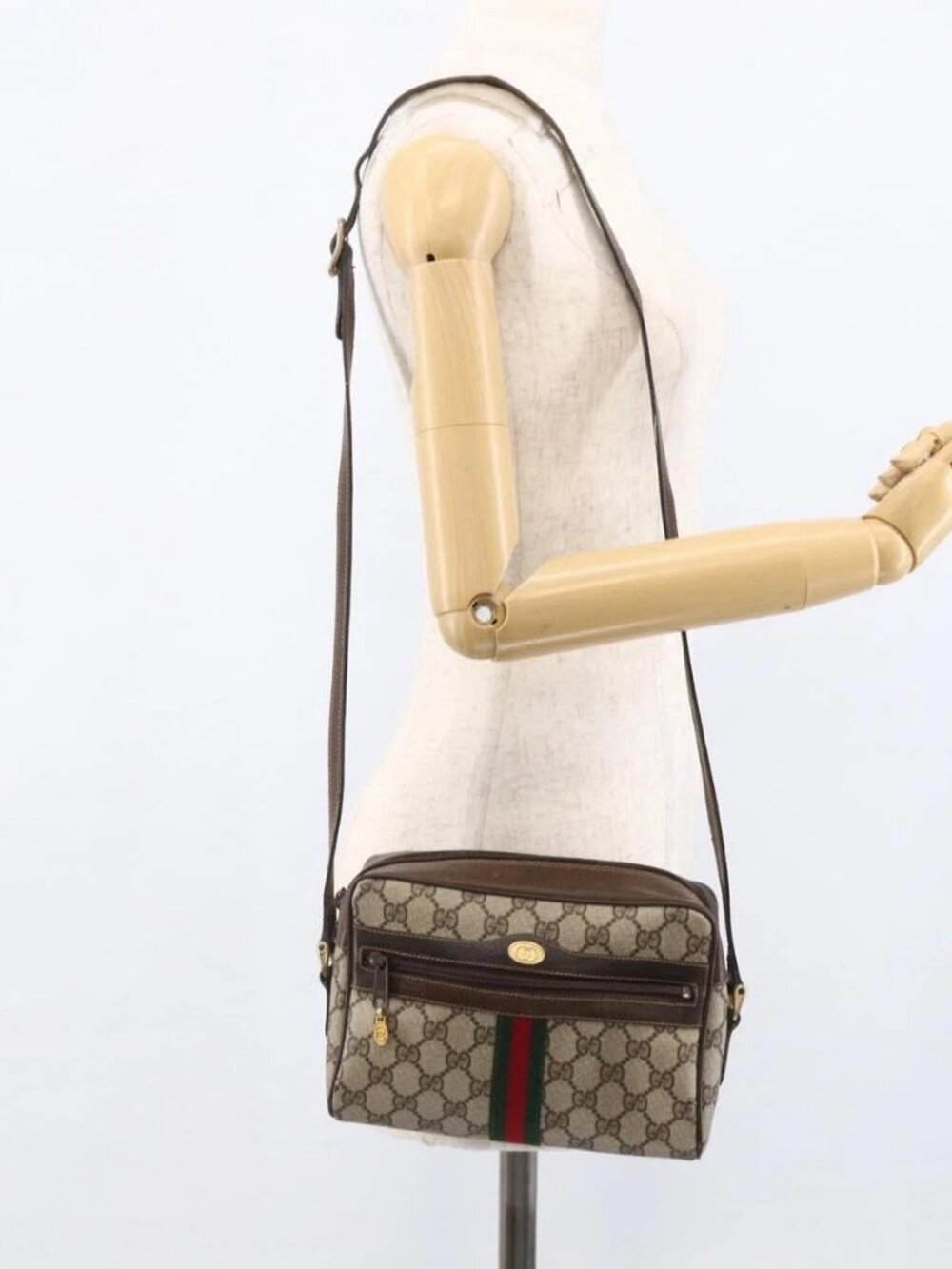 GUCCI GG Supreme Web Sherry Line Bag PVC Beige Gold 68 001 3654 Auth ARZ345